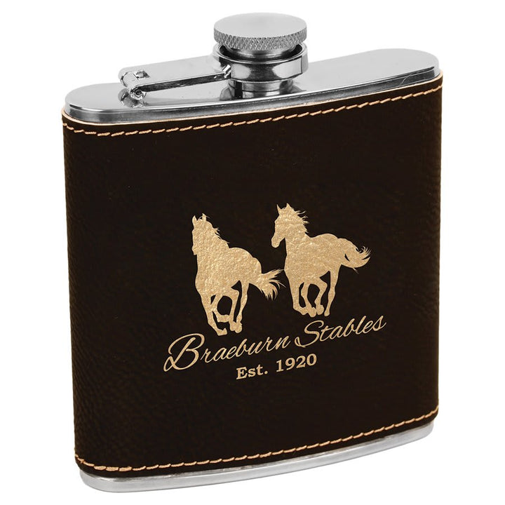 Engraved Leatherette Flask with Logo in Black/Gold