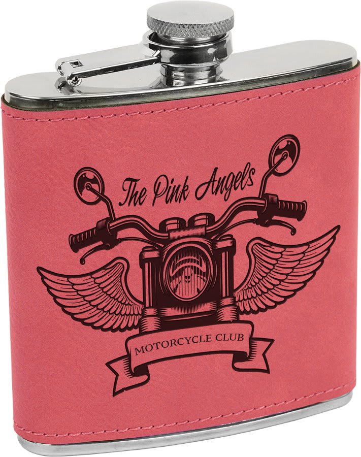 Engraved Leatherette Flask with Logo in Pink