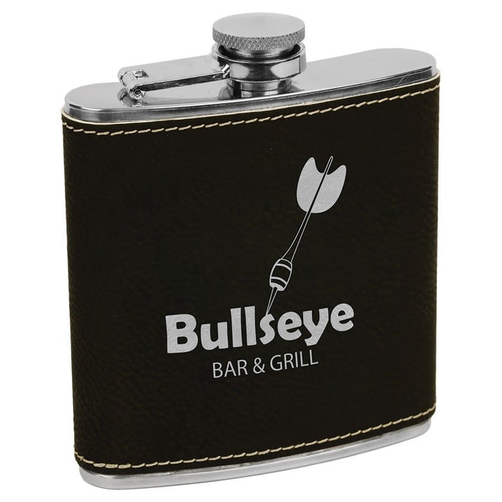 Engraved Leatherette Flask with Logo in Black/Silver