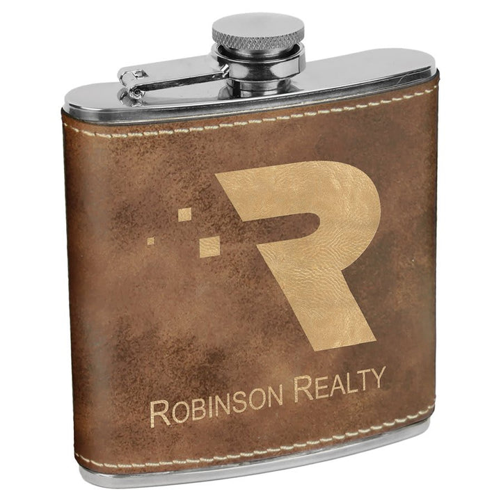 Engraved Leatherette Flask with Logo in Rustic/Gold