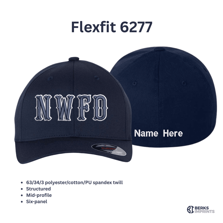 Flexfit 6277 fitted cap shown front and back with fabric and fit specifications