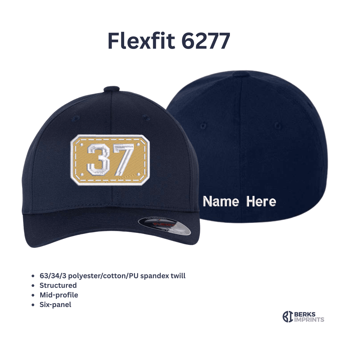 Flexfit 6277 fitted cap shown front and back with fabric and fit specifications