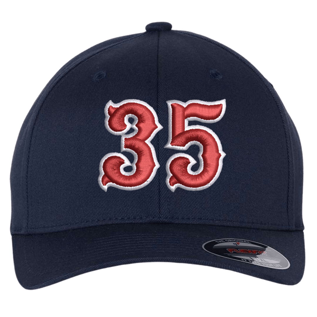 Navy Flexfit 6277 fitted cap with a large red and white embroidered fire department number on the front panel