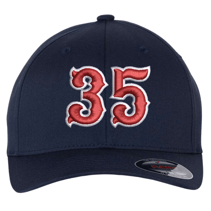 Navy Flexfit 6277 fitted cap with a large red and white embroidered fire department number on the front panel