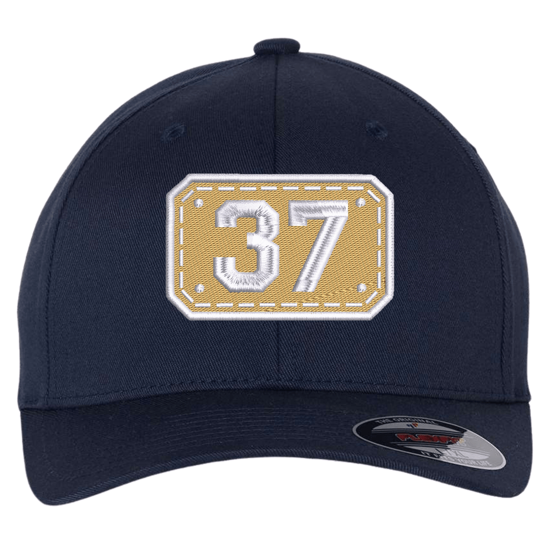Navy Flexfit 6277 fitted cap with the embroidered Passport helmet shield design on the front