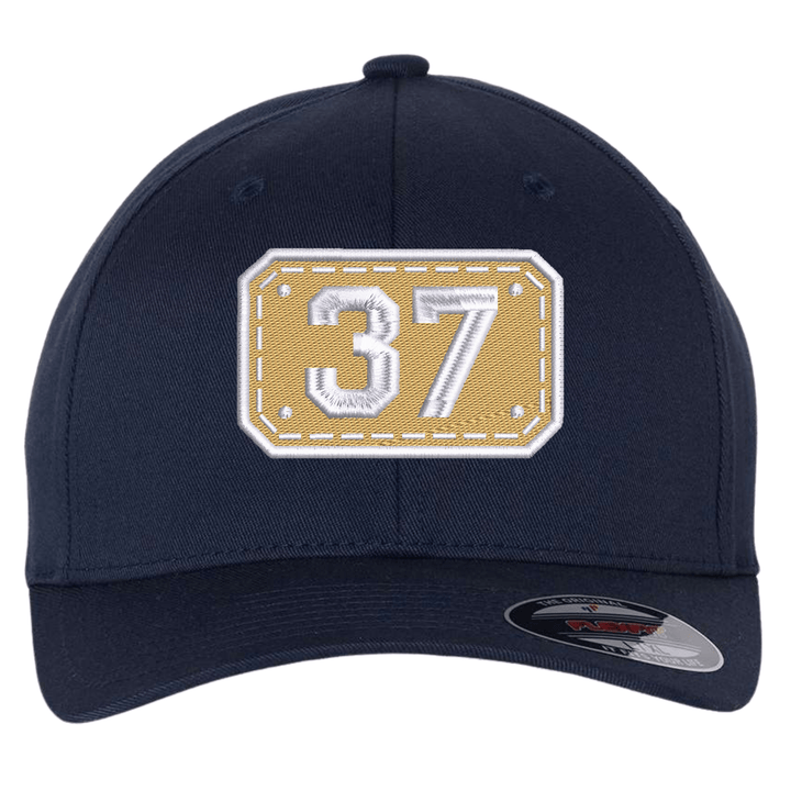 Navy Flexfit 6277 fitted cap with the embroidered Passport helmet shield design on the front