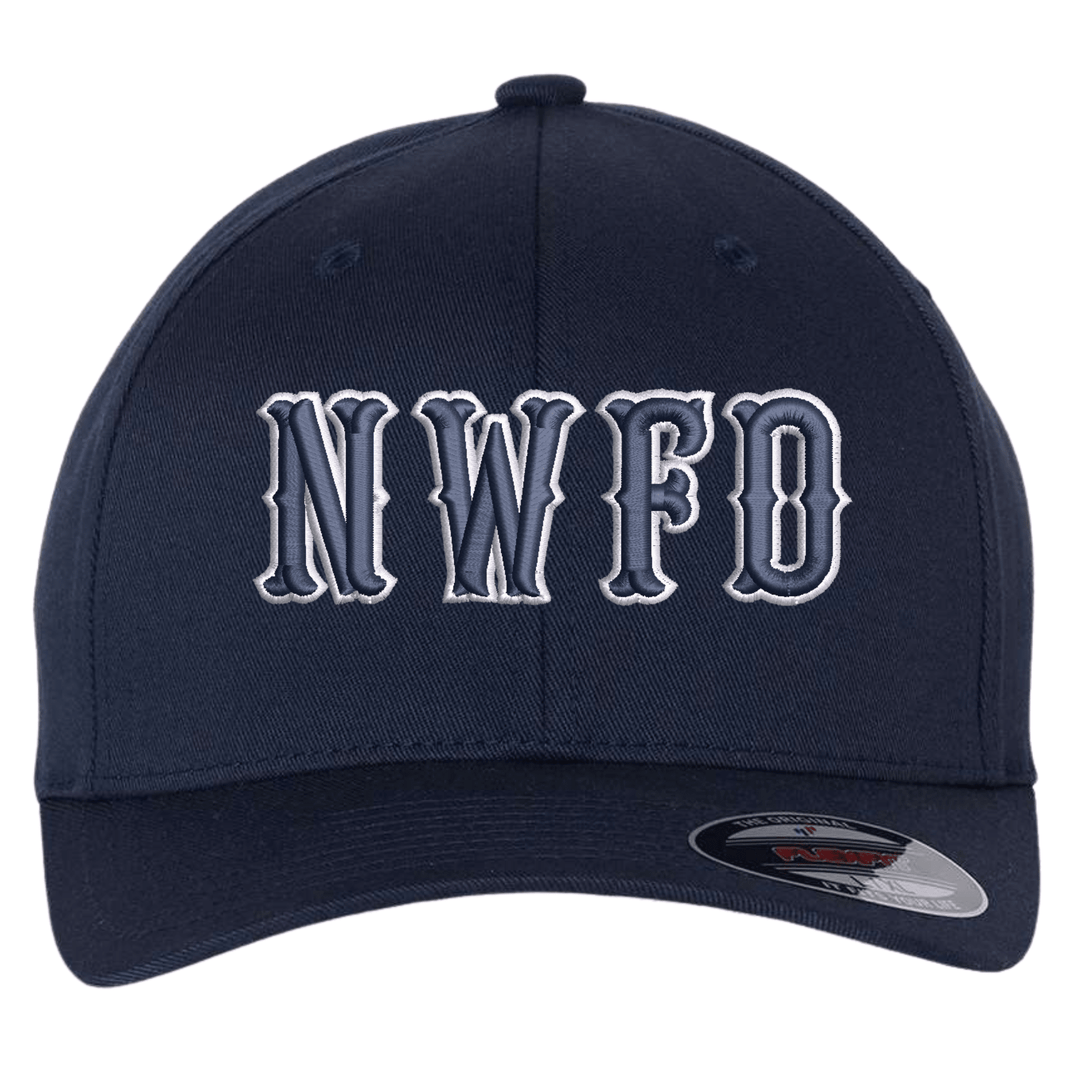 Navy Flexfit 6277 fitted cap with embroidered fire department letters in Boston block font across the front