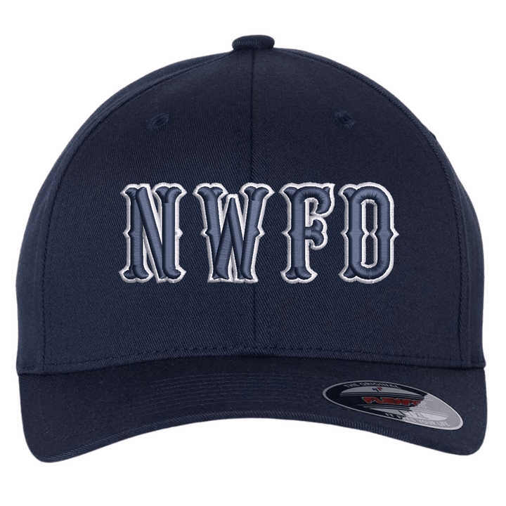 Navy Flexfit 6277 fitted cap with embroidered fire department letters in Boston block font across the front