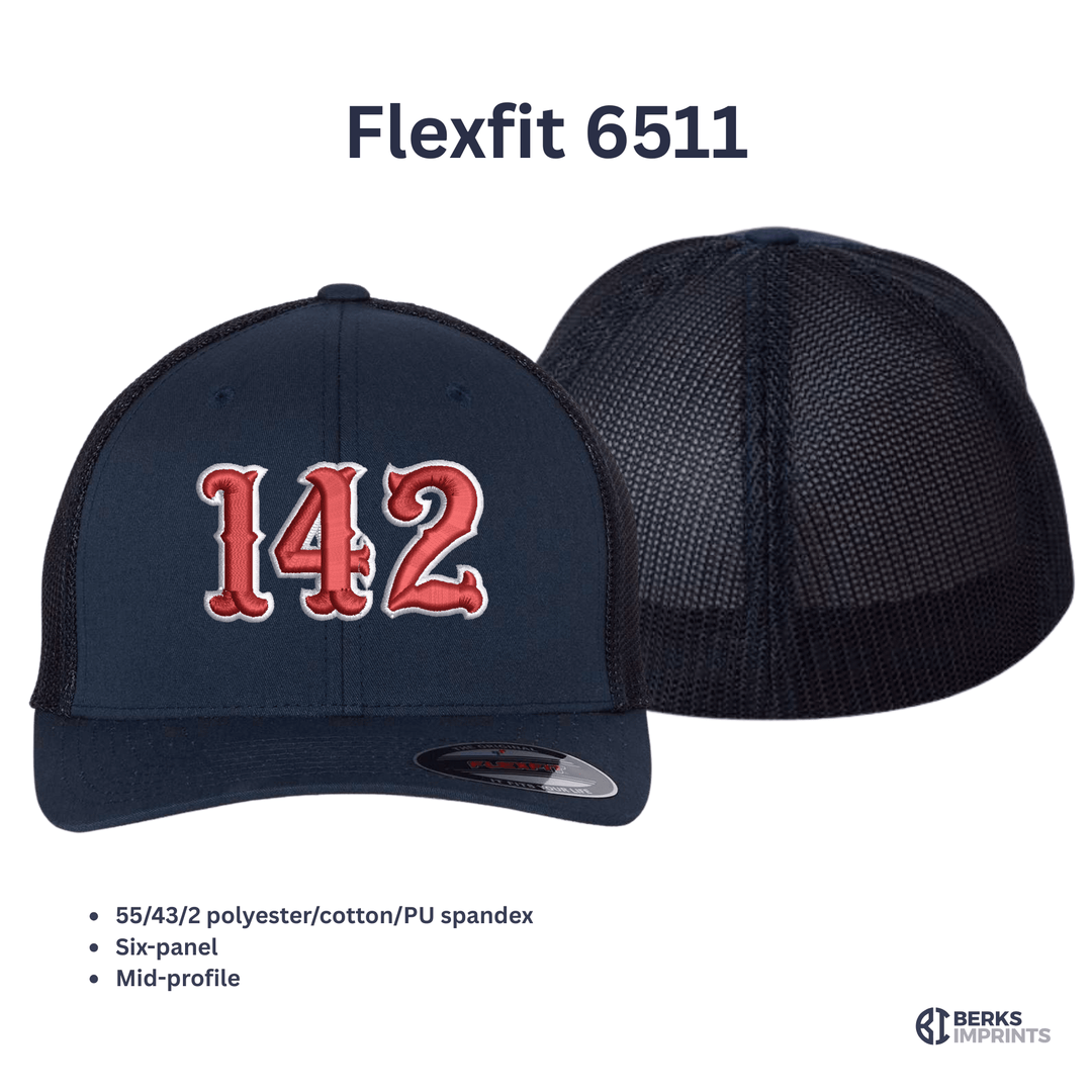 Flexfit 6511 trucker cap shown front and back with fabric and fit specifications