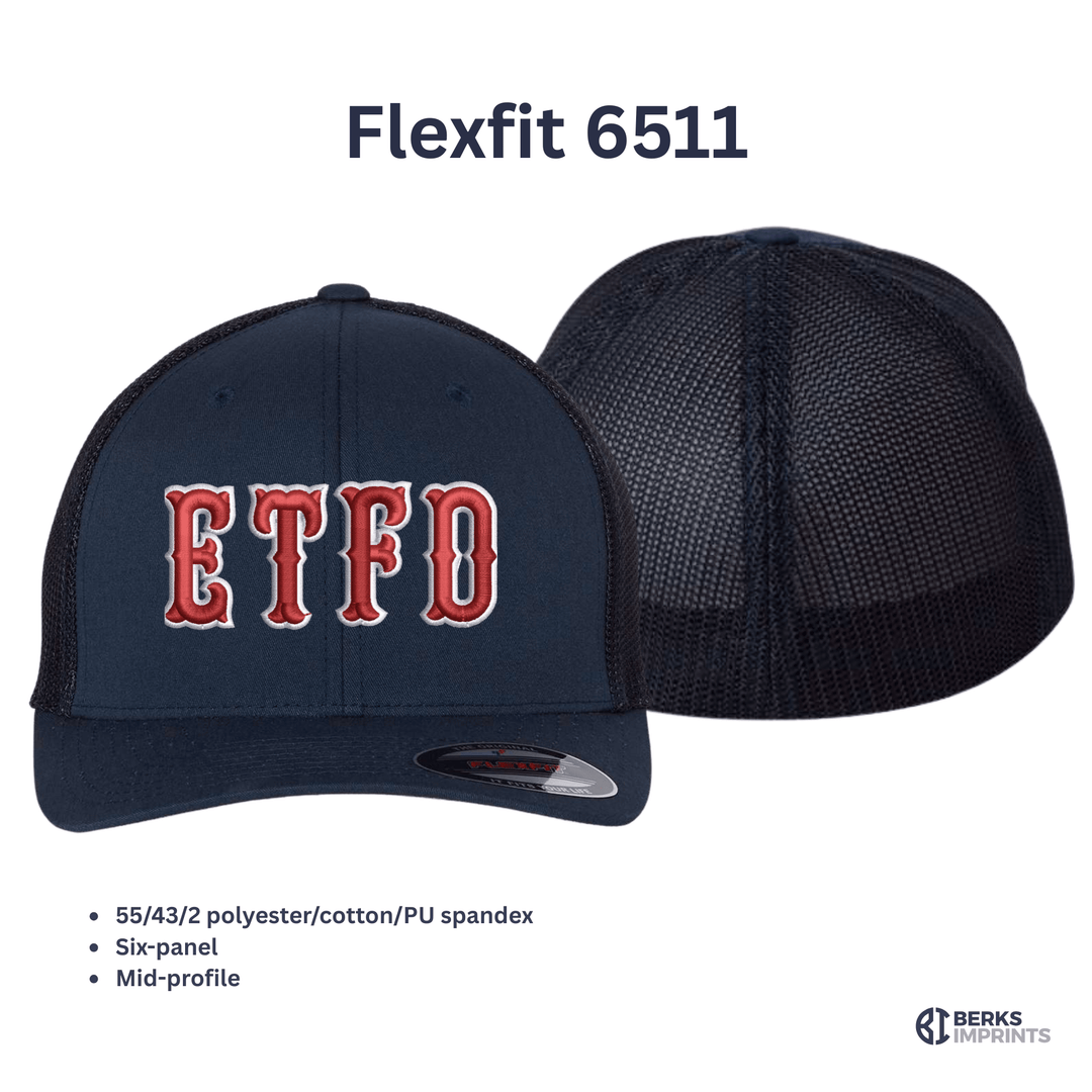 Flexfit 6511 trucker cap shown front and back with fabric and fit specifications