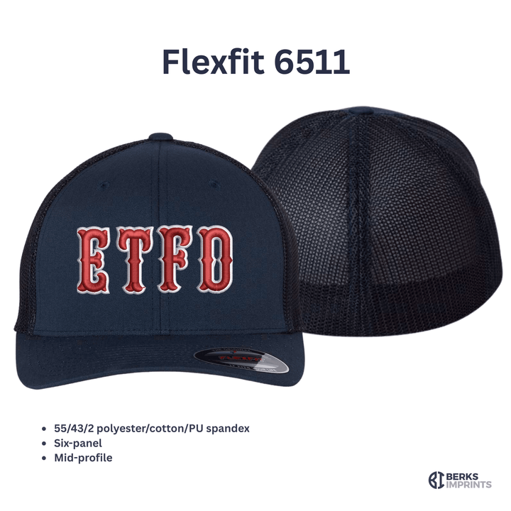 Flexfit 6511 trucker cap shown front and back with fabric and fit specifications