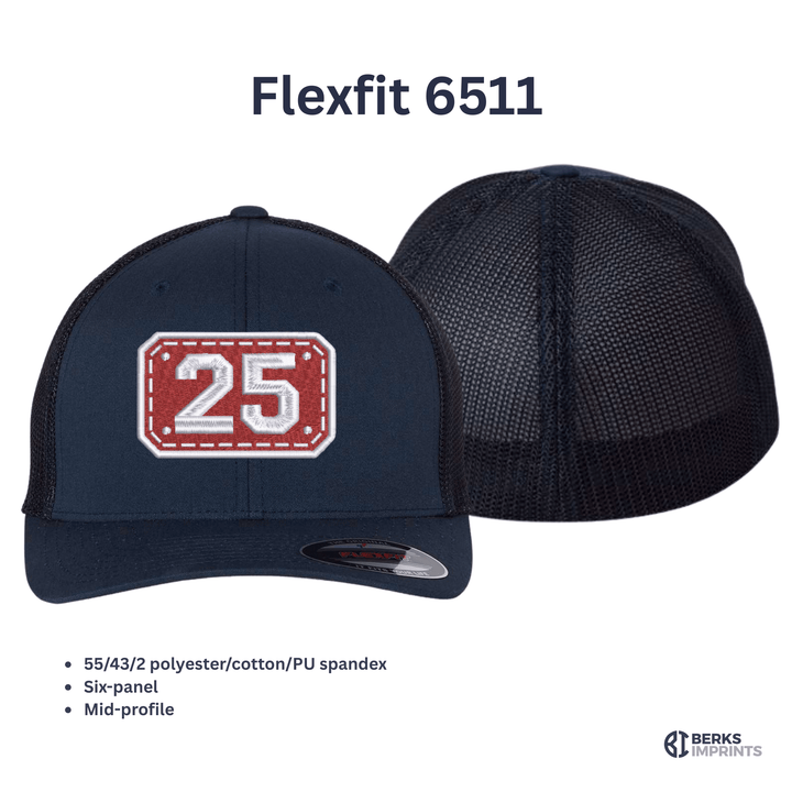 Flexfit 6511 trucker cap shown front and back with fabric and fit specifications