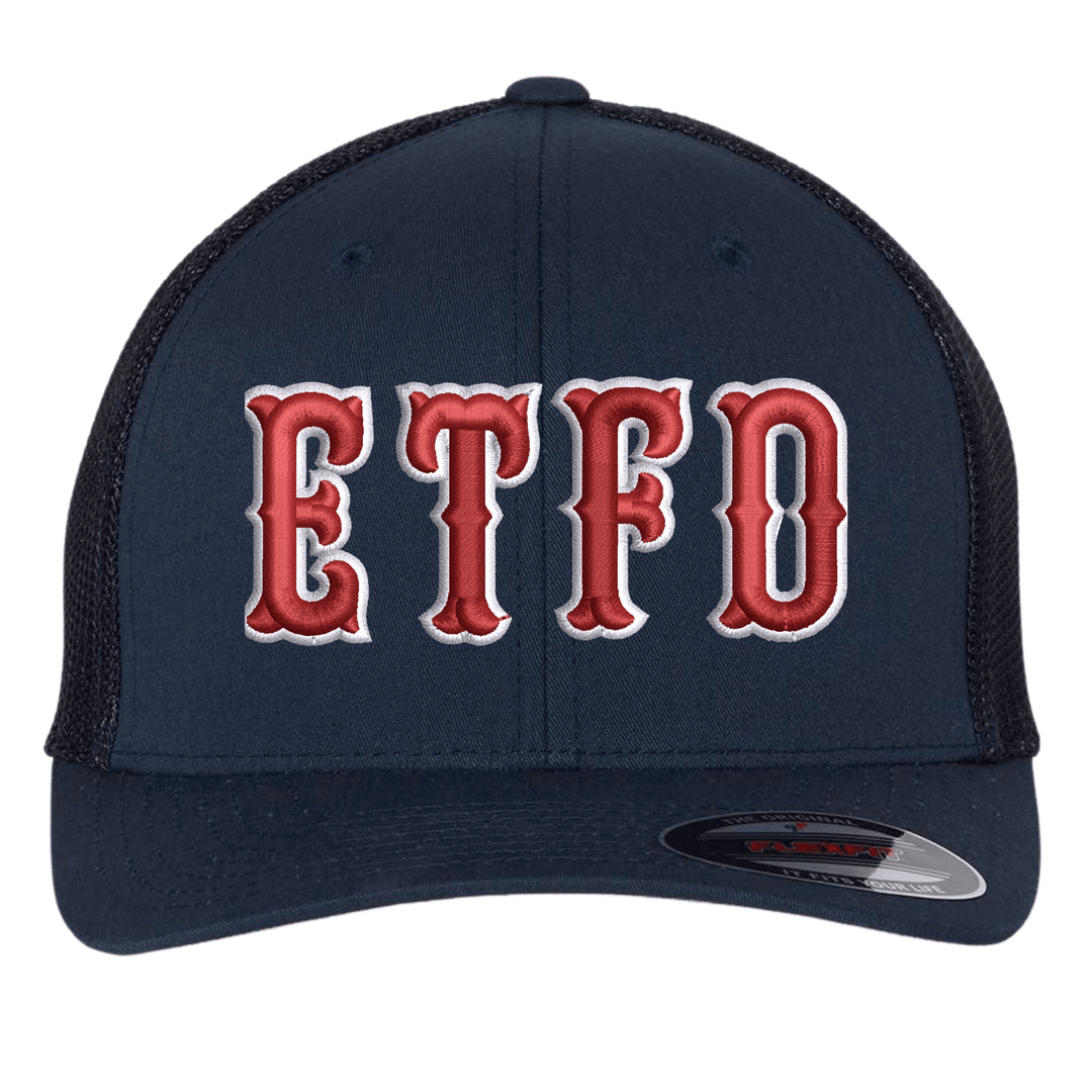 Navy Flexfit 6511 trucker cap with embroidered fire department letters in Boston block font across the front