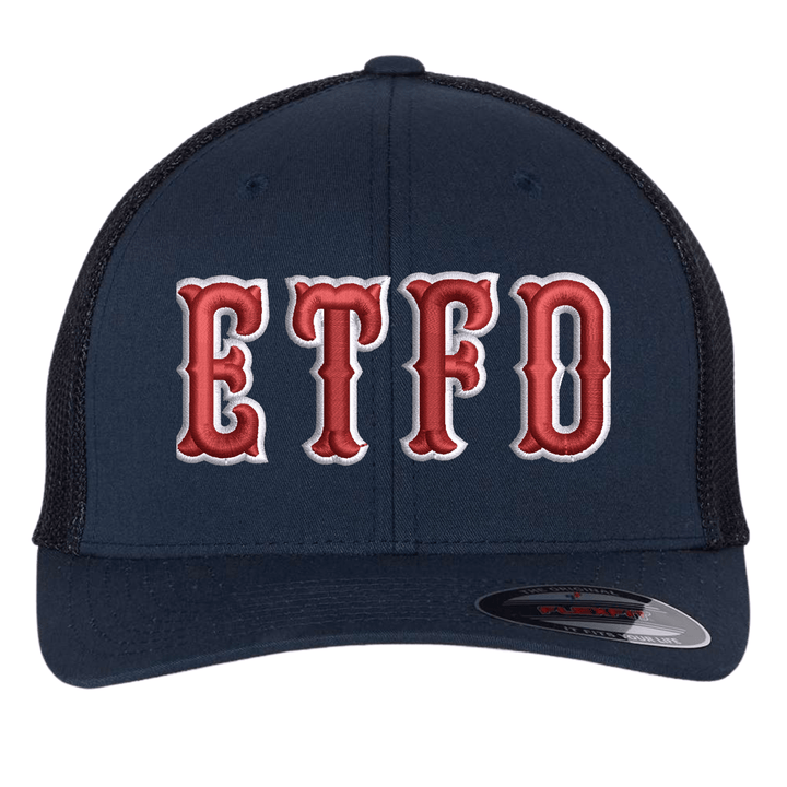 Navy Flexfit 6511 trucker cap with embroidered fire department letters in Boston block font across the front