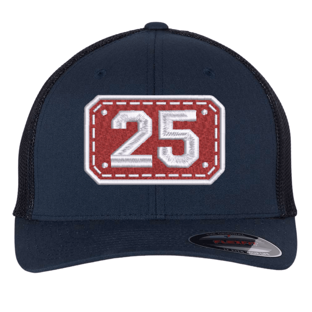 Navy Flexfit 6511 trucker cap with the embroidered Passport helmet shield design on the front