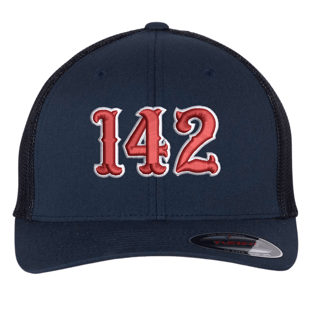 Navy Flexfit 6511 trucker cap with a large red and white embroidered fire department number on the front panel