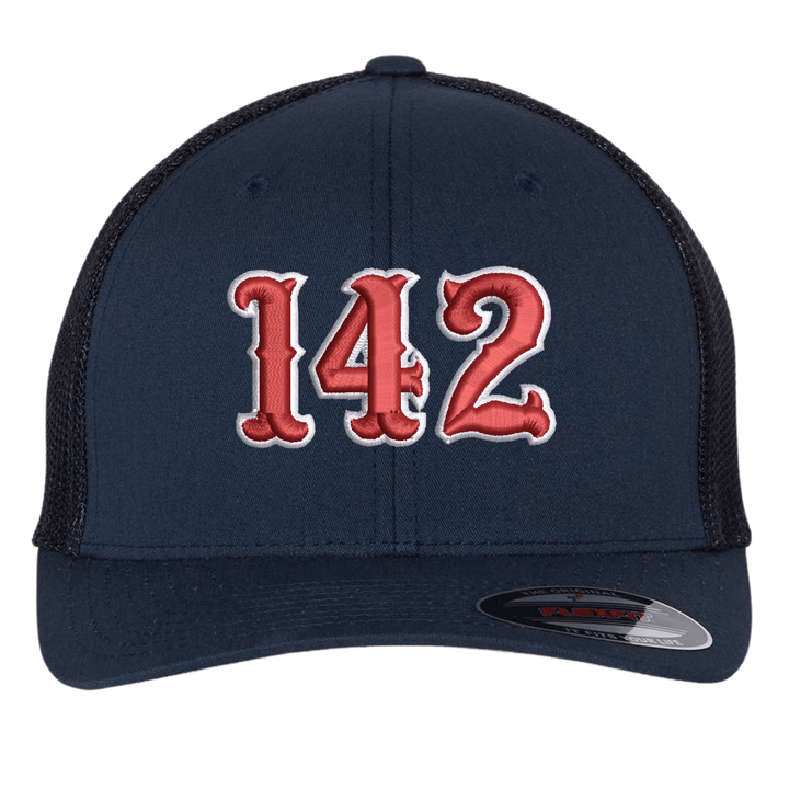 Navy Flexfit 6511 trucker cap with a large red and white embroidered fire department number on the front panel