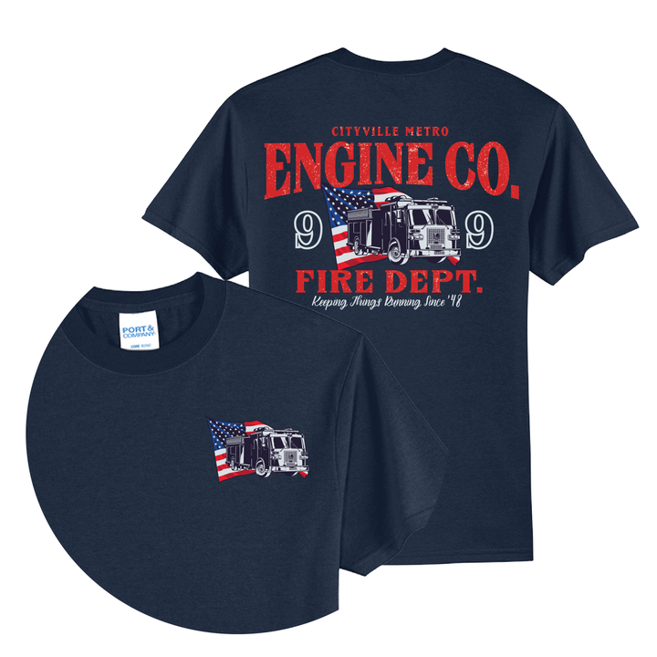 Navy blue t-shirt with red "Cityville Metro Engine Co. 9 Fire Dept." text and fire truck graphic on front and back.