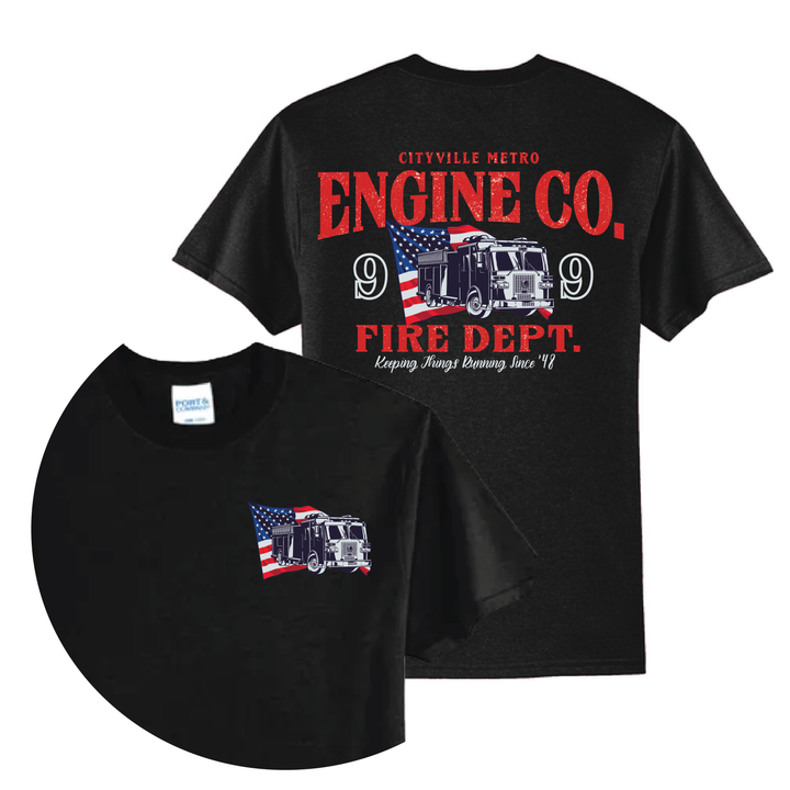 Black t-shirt with red "Cityville Metro Engine Co. 9 Fire Dept." text, fire truck graphic, and American flag design front and back.