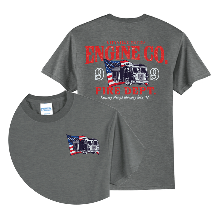 Charcoal gray t-shirt with red "Engine Co. 9" text, fire truck graphic, and American flag design on front and back.