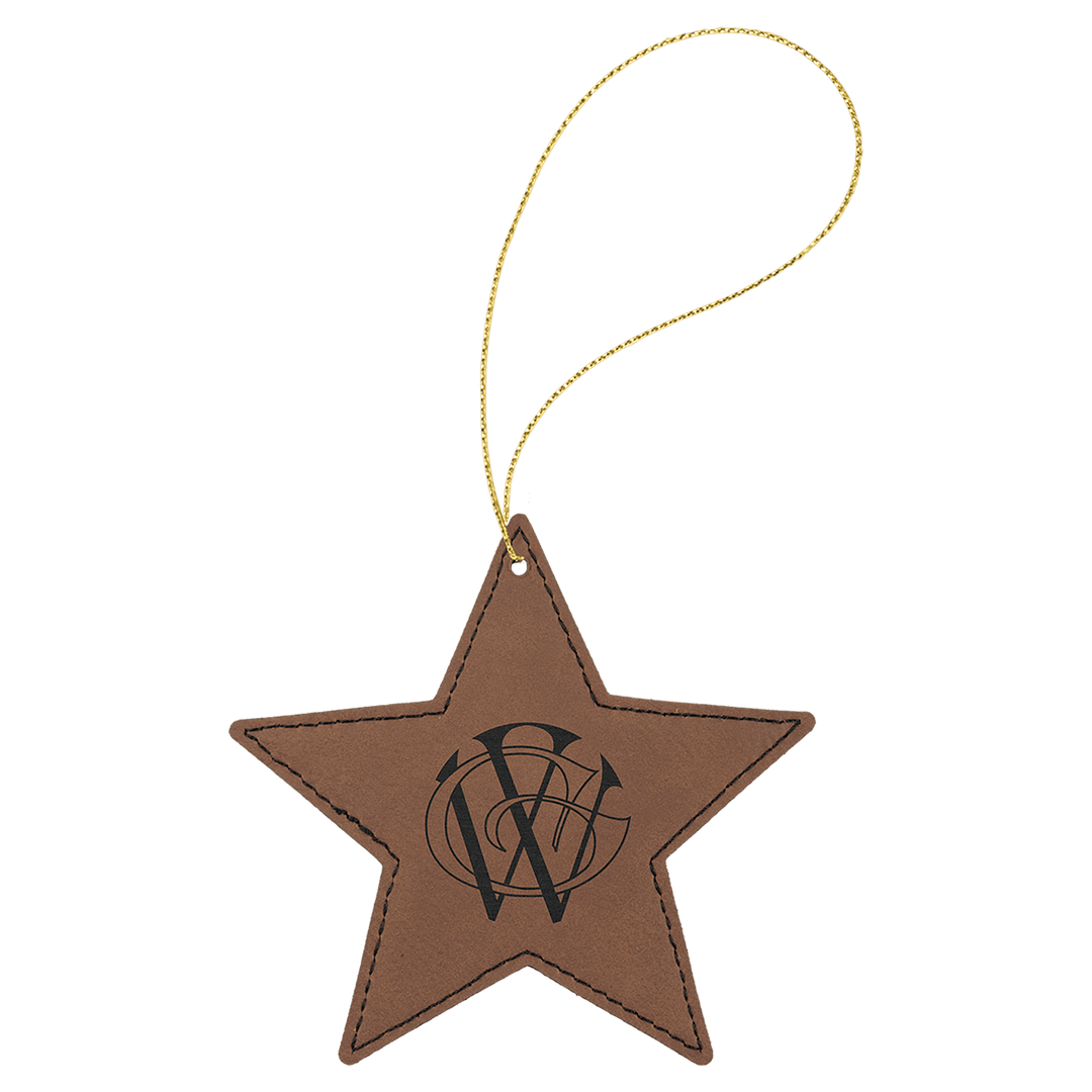 Engraved Leatherette Star Ornament with Logo in Dark Brown