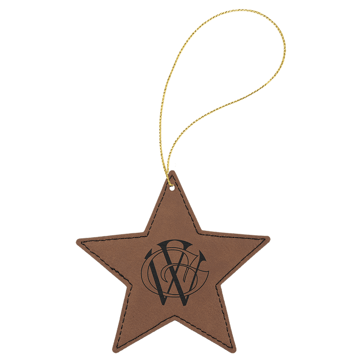 Engraved Leatherette Star Ornament with Logo in Dark Brown