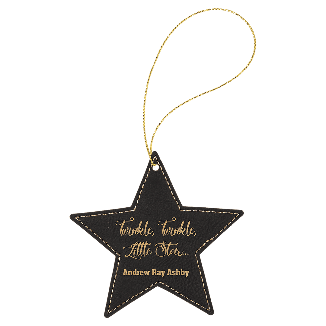 Engraved Leatherette Star Ornament with Logo in Black/Gold
