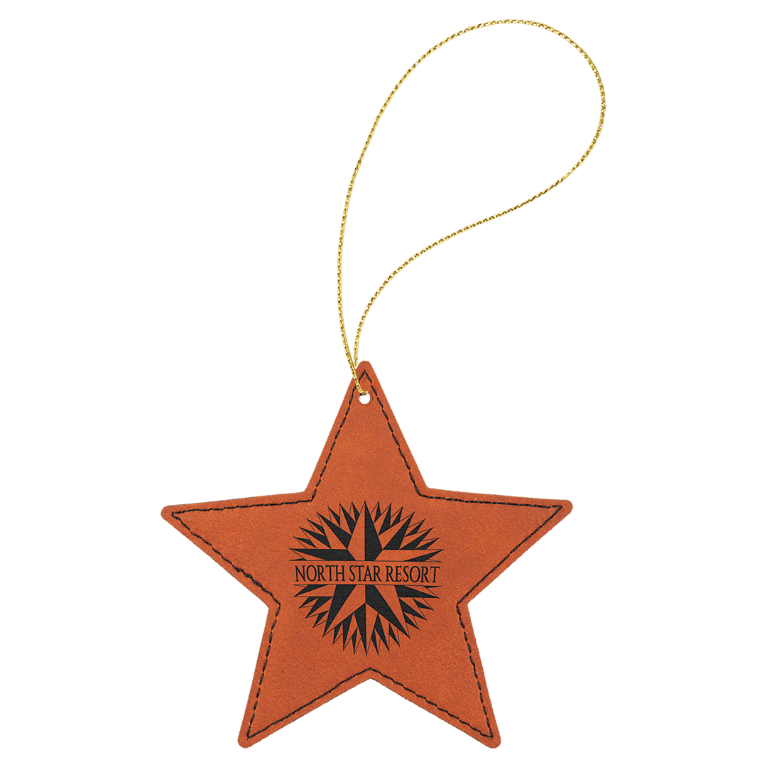 Engraved Leatherette Star Ornament with Logo in Rawhide