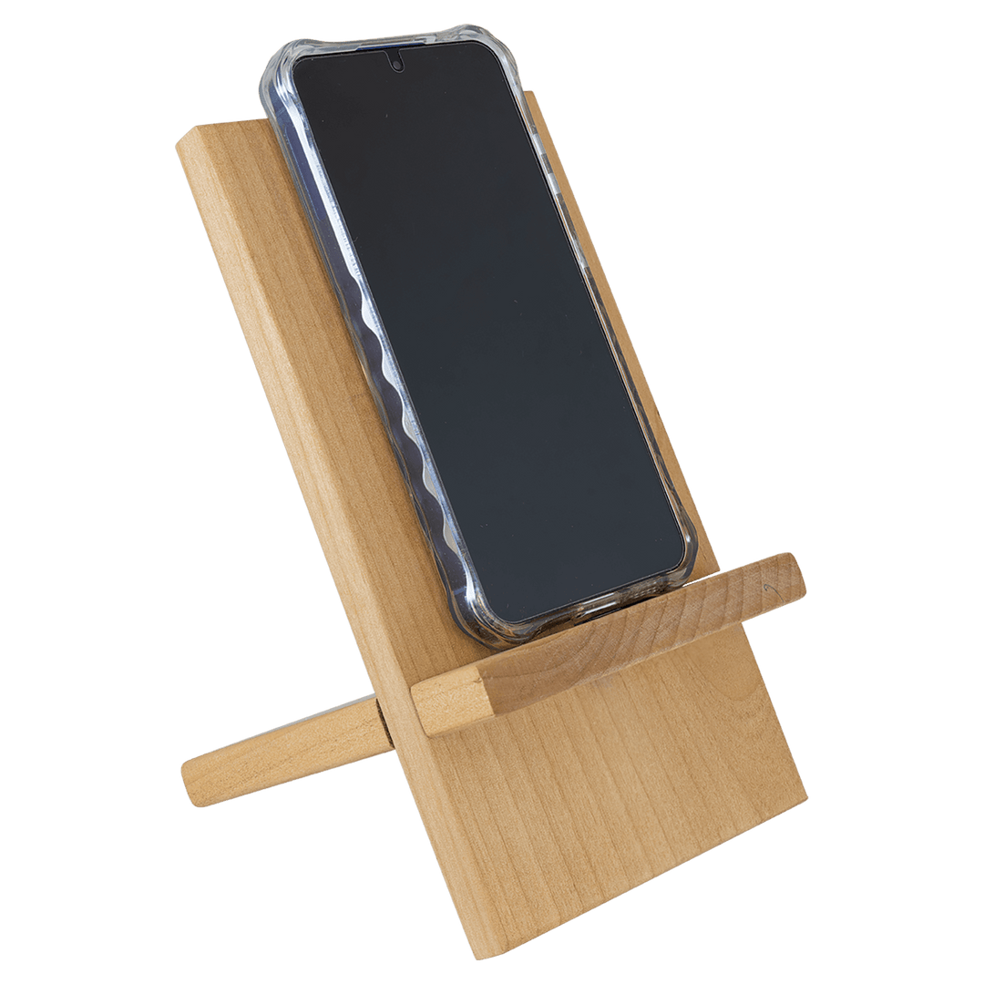 Phone standing upright on the wood stand