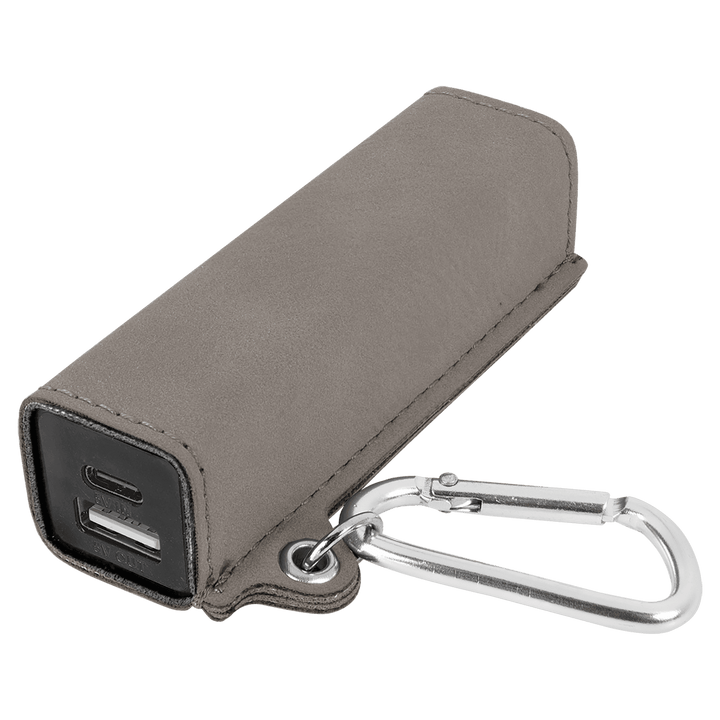 Gray leatherette power bank with carabiner clip