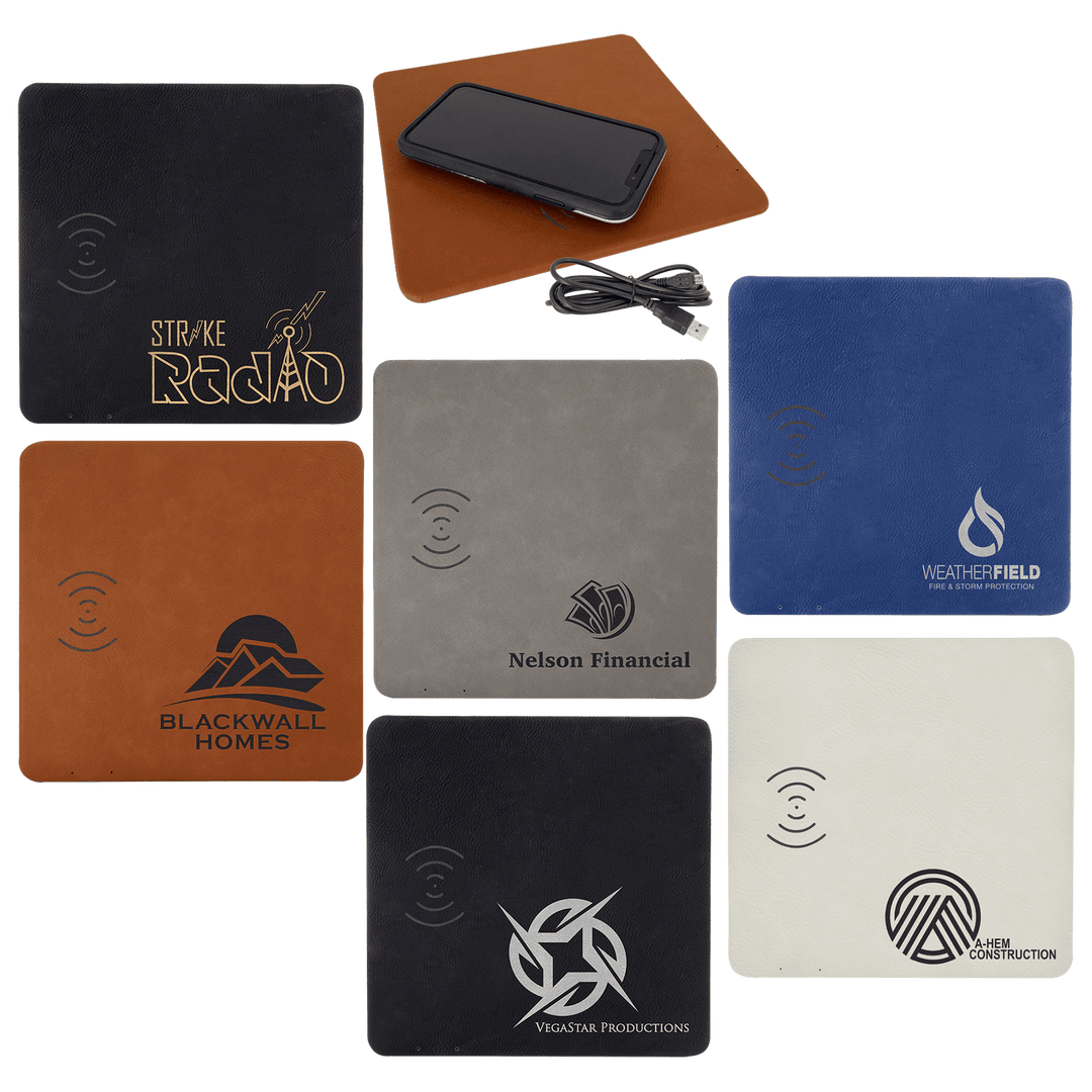 Wireless charging mats in six colors with sample logos, and a phone charging on a rawhide mat