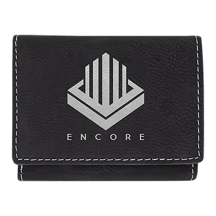 Black/Silver 3" x 4" Laserable Leatherette Trifold Wallet