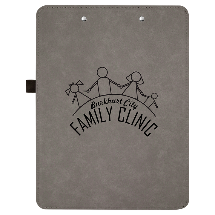 Gray leatherette clipboard with "Burkhart Family Clinic" logo and stick figure family design engraved on front.