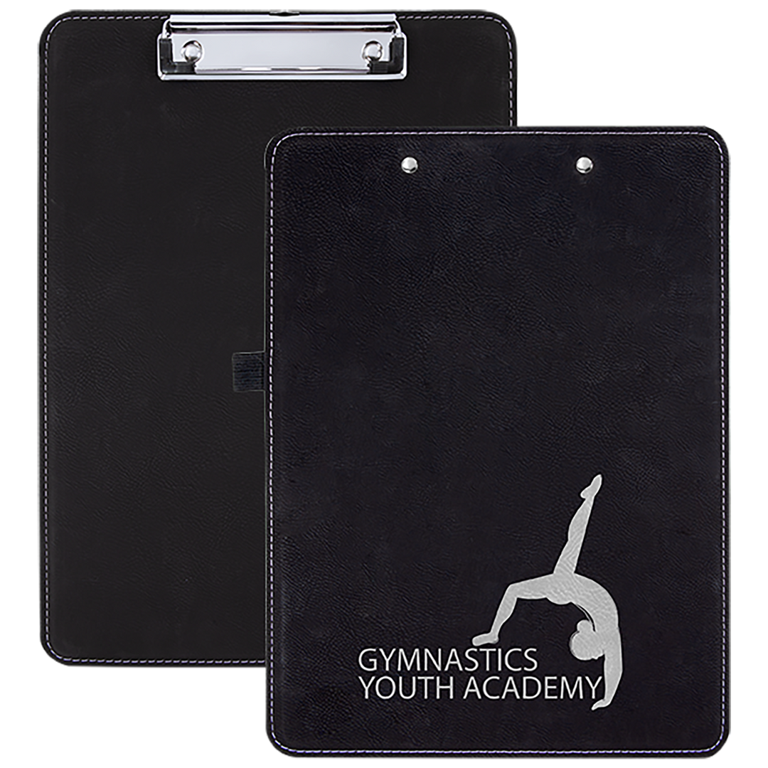 Black leatherette clipboard with silver gymnastics silhouette and "Gymnastics Youth Academy" text, metal clip and back view visible.