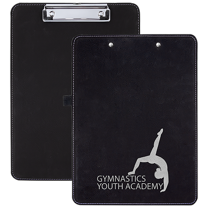 Black leatherette clipboard with silver gymnastics silhouette and "Gymnastics Youth Academy" text, metal clip and back view visible.