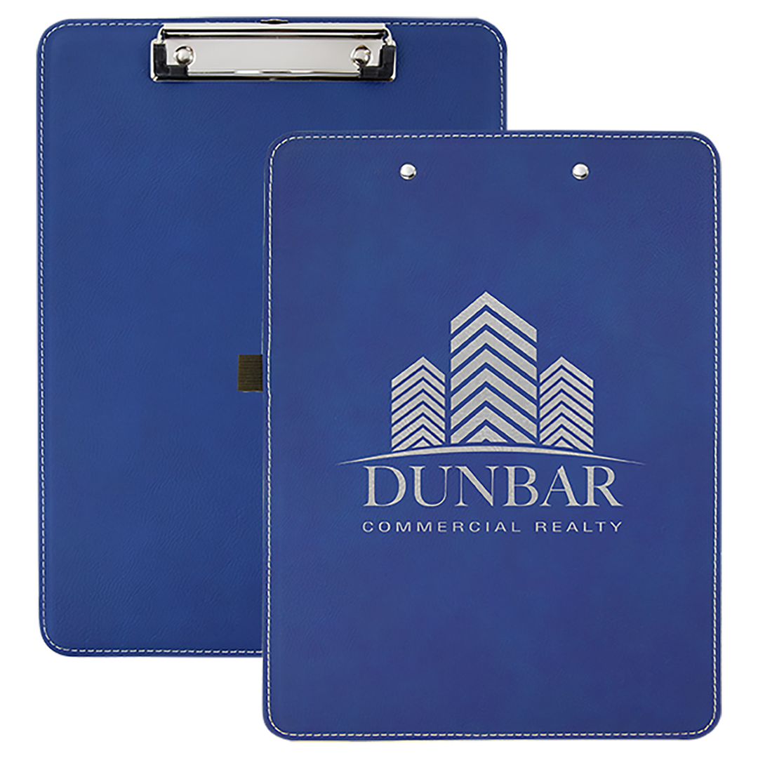 Royal blue leatherette clipboard with silver Dunbar Commercial Realty logo and building icon embossed on front