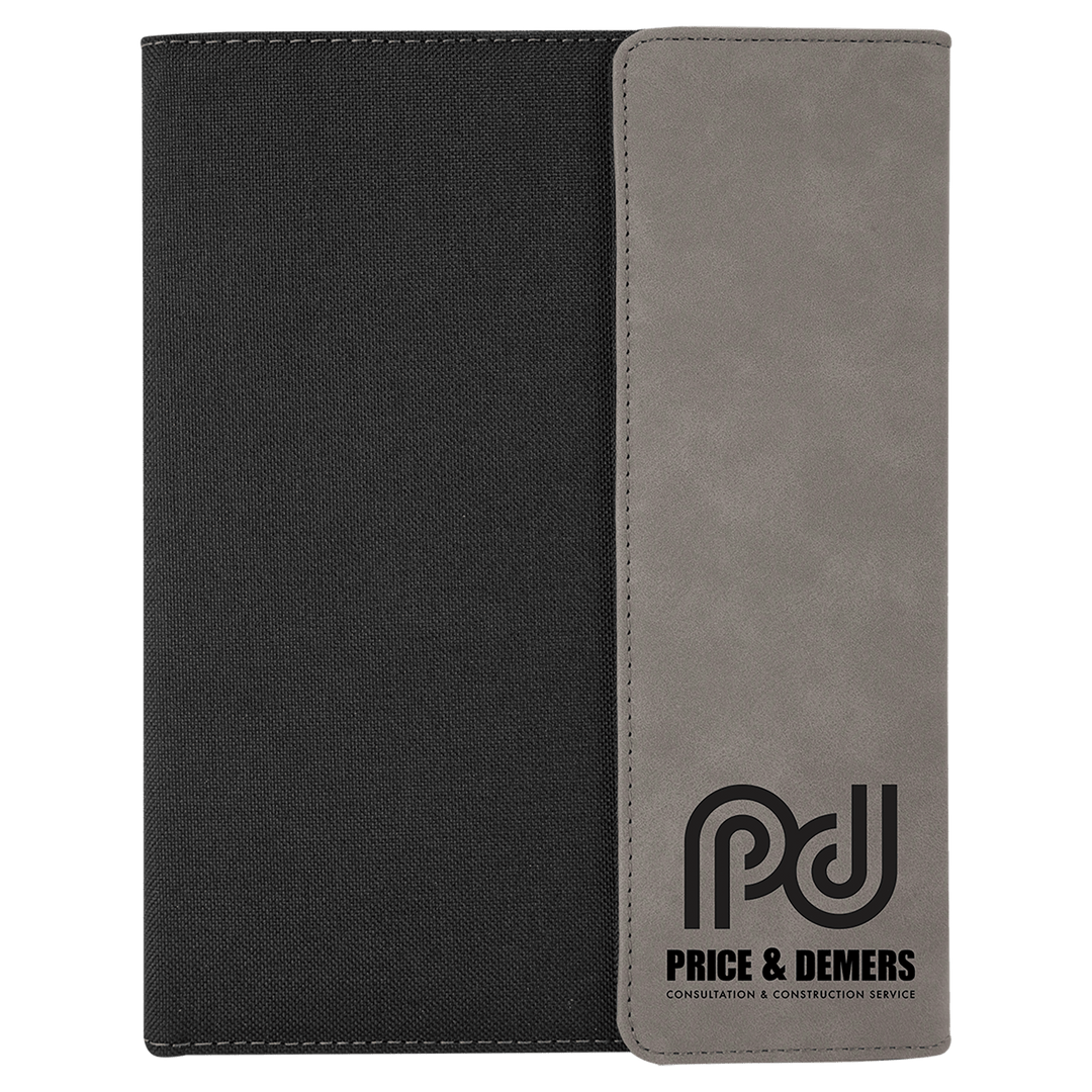 Gray leatherette panel on black canvas portfolio with notepad