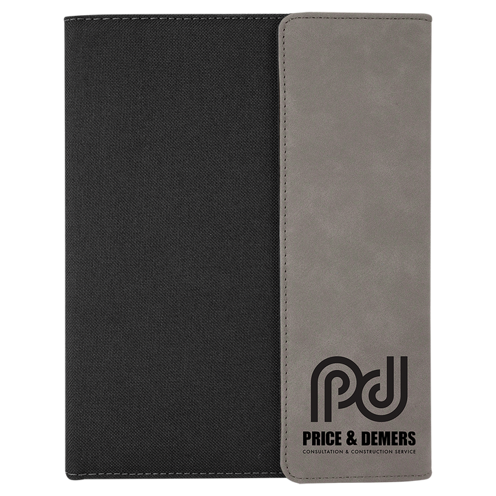 Gray leatherette panel on black canvas portfolio with notepad