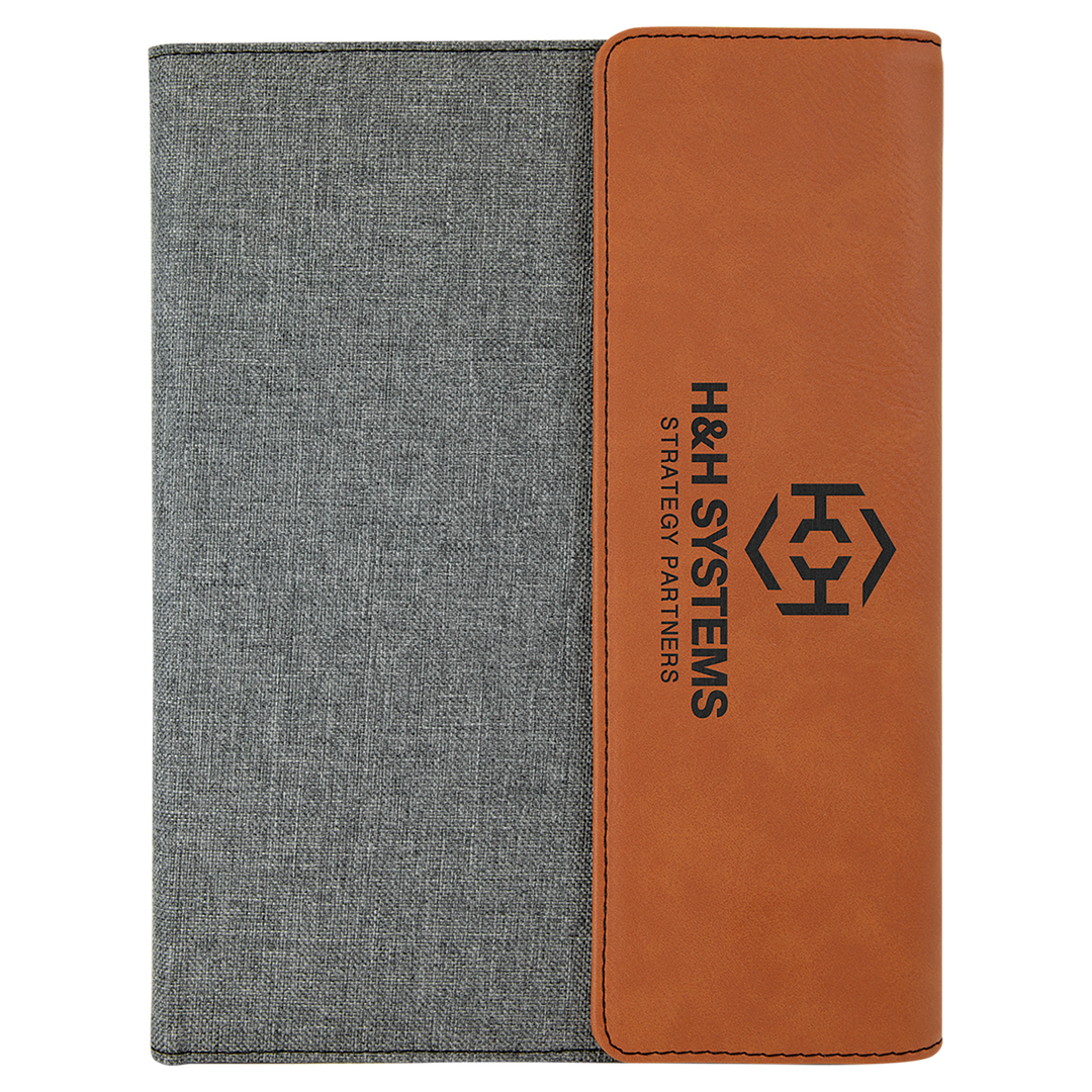 Rawhide leatherette panel on gray canvas portfolio with notepad