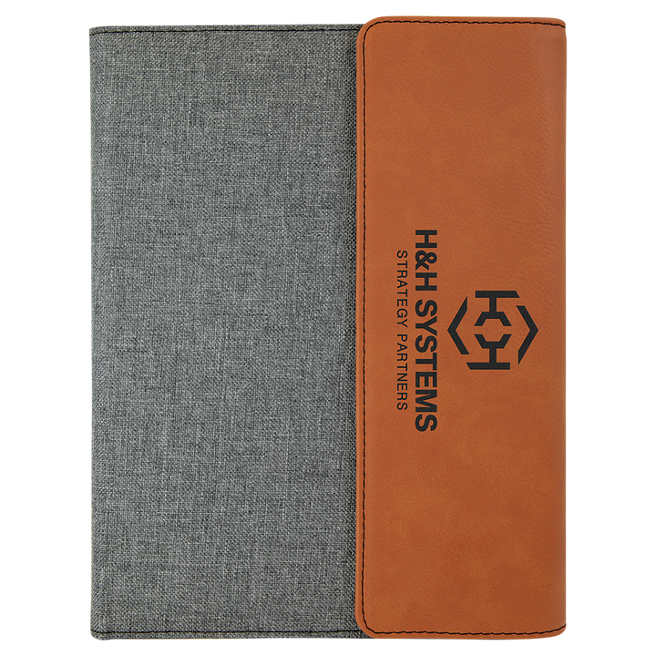 Rawhide leatherette panel on gray canvas portfolio with notepad