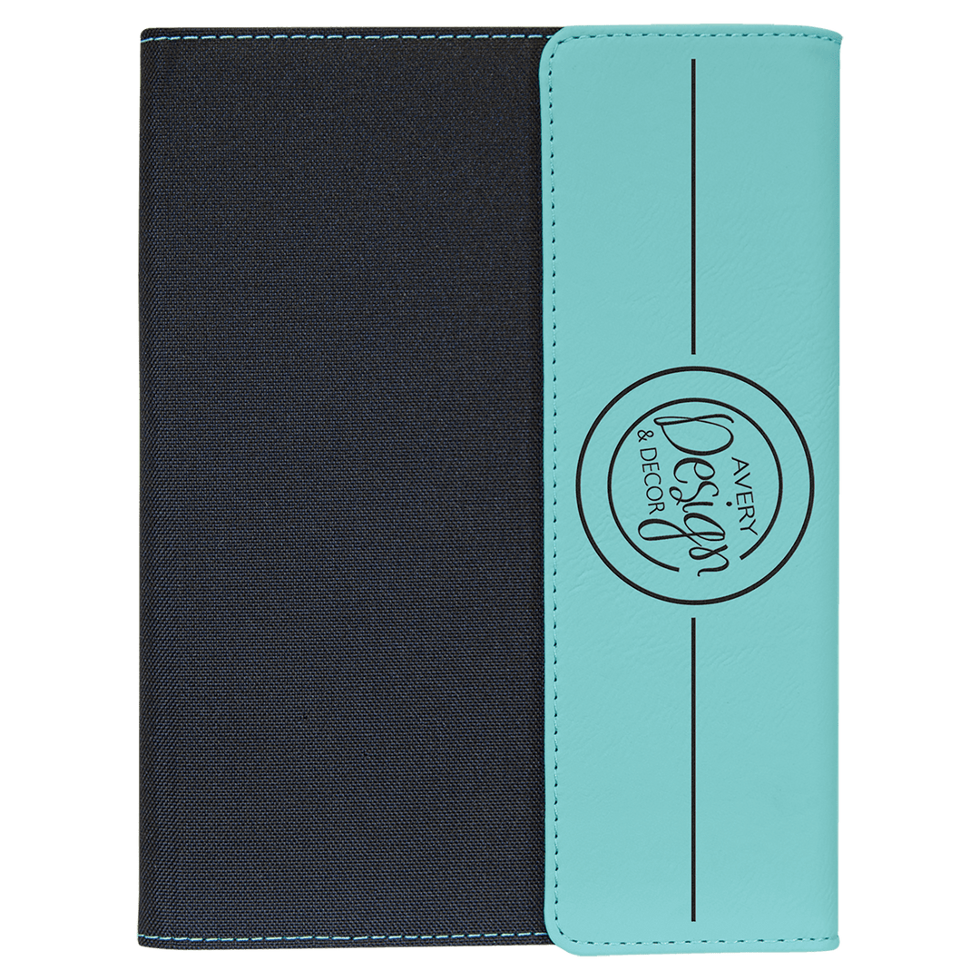 Teal leatherette panel on black canvas portfolio with notepad