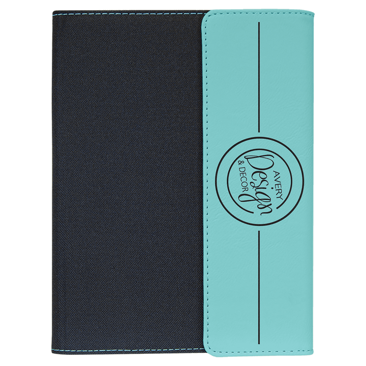 Teal leatherette panel on black canvas portfolio with notepad