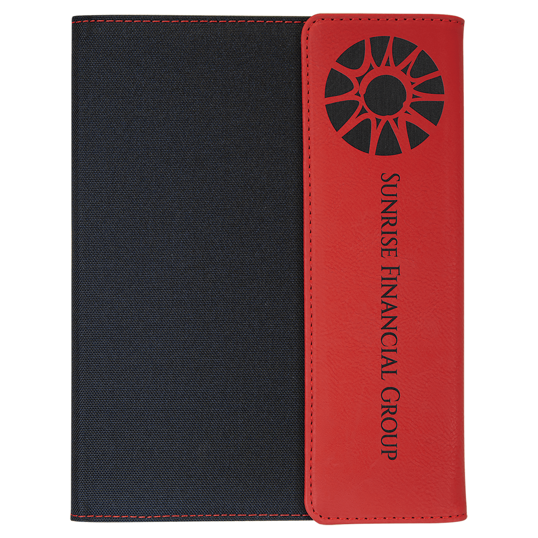 Red leatherette panel on black canvas portfolio with notepad
