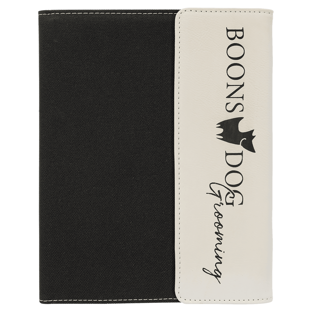 White leatherette panel on black canvas portfolio with notepad
