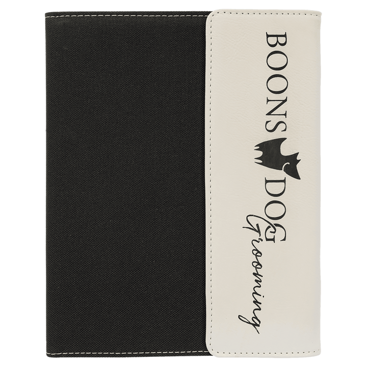 White leatherette panel on black canvas portfolio with notepad