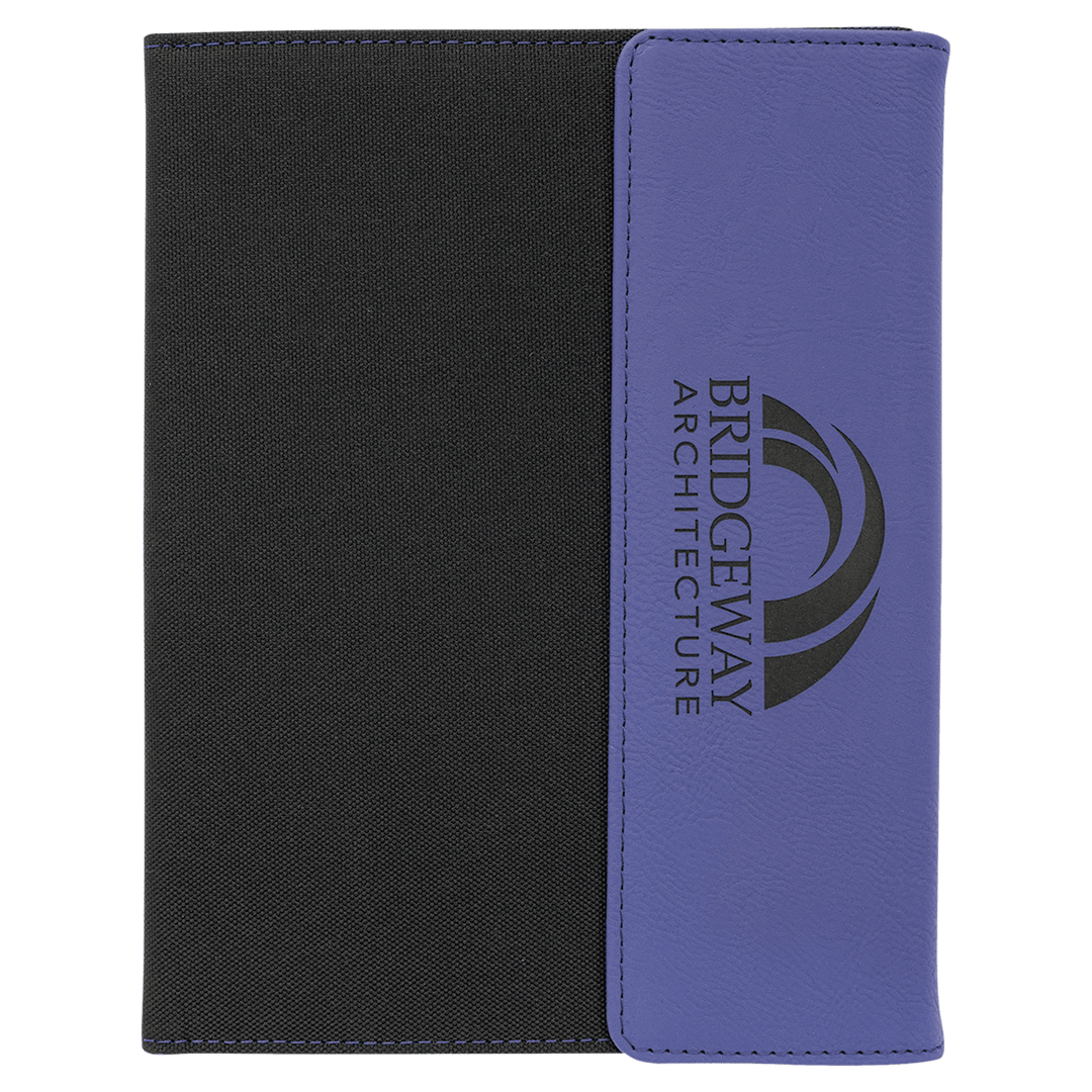 Purple leatherette panel on black canvas portfolio with notepad
