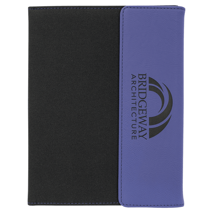 Purple leatherette panel on black canvas portfolio with notepad