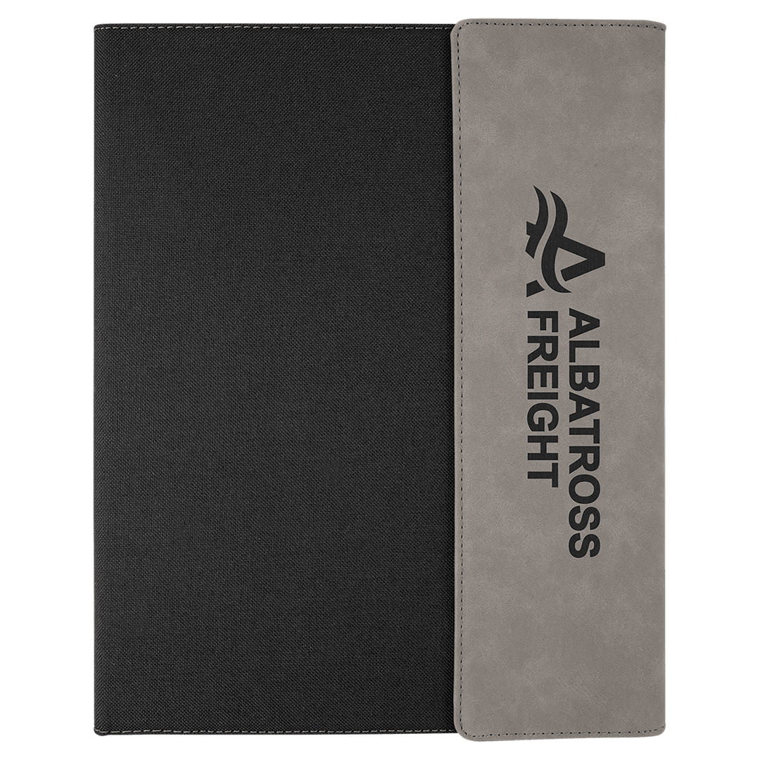 Gray leatherette panel on black canvas portfolio with notepad