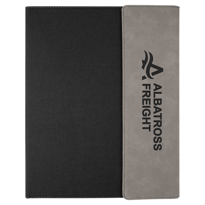 Gray leatherette panel on black canvas portfolio with notepad