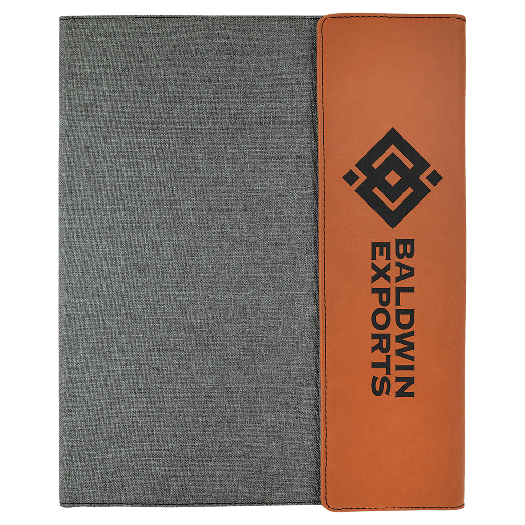 Rawhide leatherette panel on gray canvas portfolio with notepad